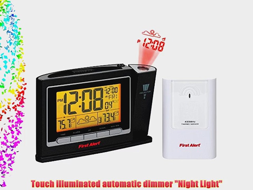 First Alert Radio Controlled Weather Station Projection Clock Black/White