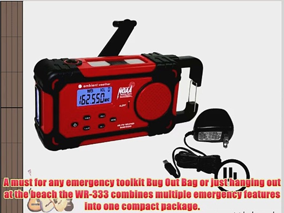 Ambient Weather WR-333-AC Emergency Solar Hand Crank Weather Alert Radio Flashlight Smart Phone