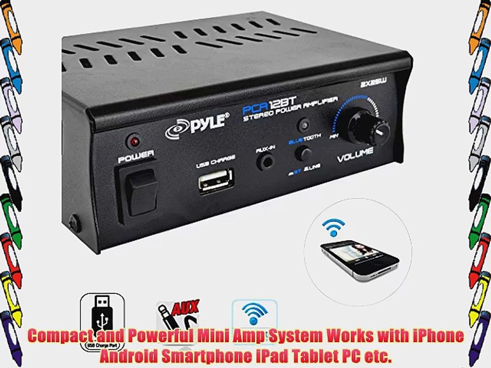 Pyle PCA12BT Bluetooth Mini Blue Series Stereo Power Amplifier 2 x 25 Watt USB Charge port