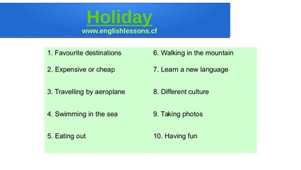 English lesson about Holiday. Spoken English. Learn to speak English better.