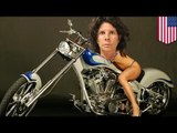 Public self pleasuring: woman fiddles herself on a motorcycle in full view of neighbors