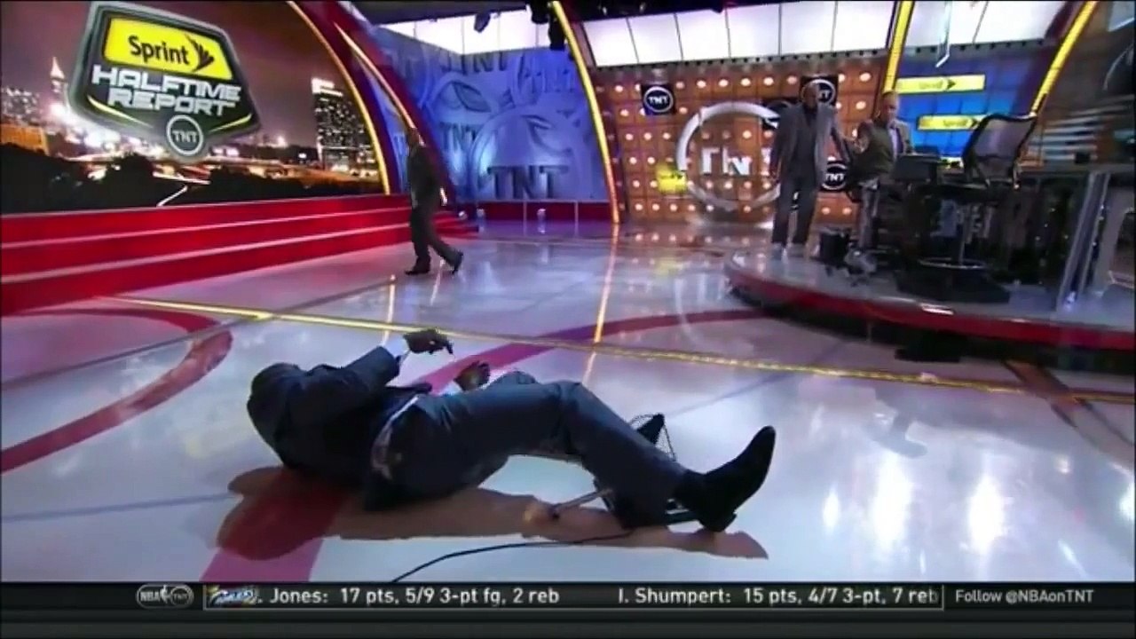 Shaq falls over, loses shoe, breaks the TNT set at Halftime Report   HD