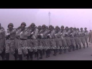 Rehearsal for Republic Day parade on a foggy morning in New Delhi