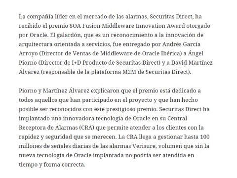 Verisure Opiniones | Securitas Direct recibe el premio SOA Fusion Middleware Innovation Award otorgado por Oracle