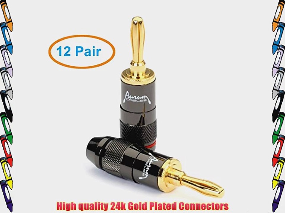 Aurum Chrome Series 24k Gold plated Connector Banana Plugs - 24 Pack (12 Red 12 Black)