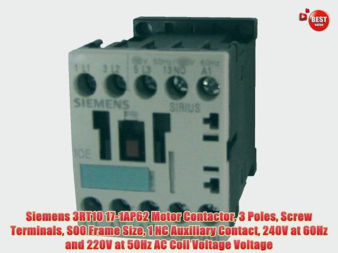 Siemens 3RT10 17-1AP62 Motor Contactor 3 Poles Screw Terminals S00 Frame Size 1 NC Auxiliary