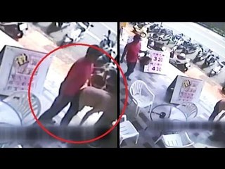 Pervert bumps his junk as woman bends over