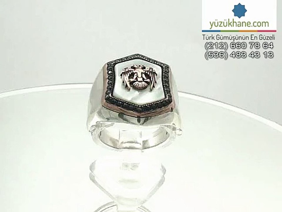 Okyanus Sedefi Taşlı Selçuklu Kartallı Gümüş Yüzük