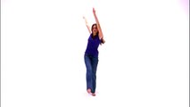 Shot of a girl in a purple shirt and jeans dancing on a white background.