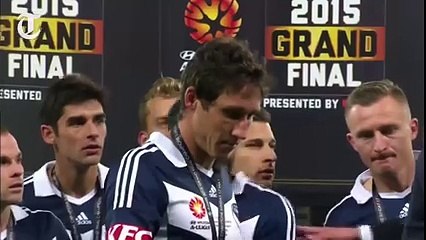 84-year-old (FFA) chairman Frank Lowy takes a tumble at the A-League Grand Final trophy presentation.