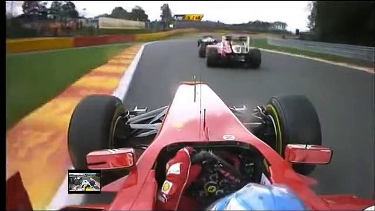 F1 2011 - R12 - Alonso and Hamilton overtake Massa Spa onboard