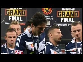 Frank Lowy Falls Off The Stage During The 2015 A-League Grand Final Trophy Presentation