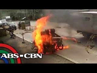 Tricycle, nasunog matapos mabangga ng bus