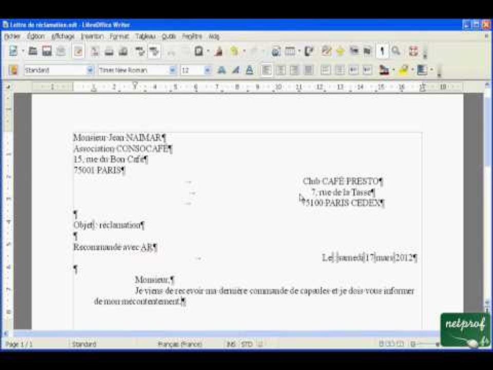 Libroffice Writer - écrire une lettre - 05 - Taper et mettre en page du texte