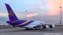 Takeoff from Bangkok Airport. Many Planes and Great View of the City at Sunset