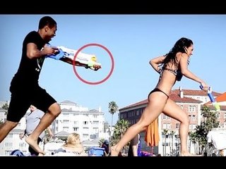 Spraying Hot Girls on the Beach - Funny Pranks 2015
