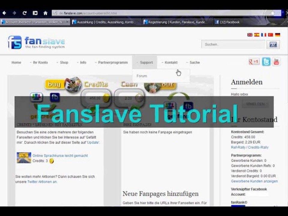 Fanslave Tutorial: Geld verdienen mit Facebook, Twitter, Youtube, Googel+, Webseiten anschauen & co. & selber werbung machen