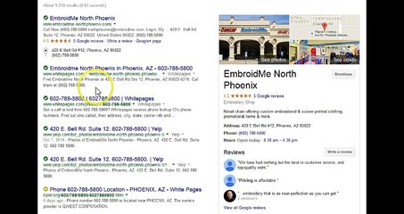 North Phoenix Embroidme 602-788-5800 Google Listing Showing Marketing Campaign