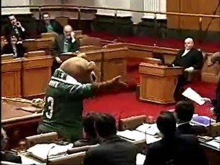 Premier Brad Wall welcomes Gainer the Gopher to the Legislature
