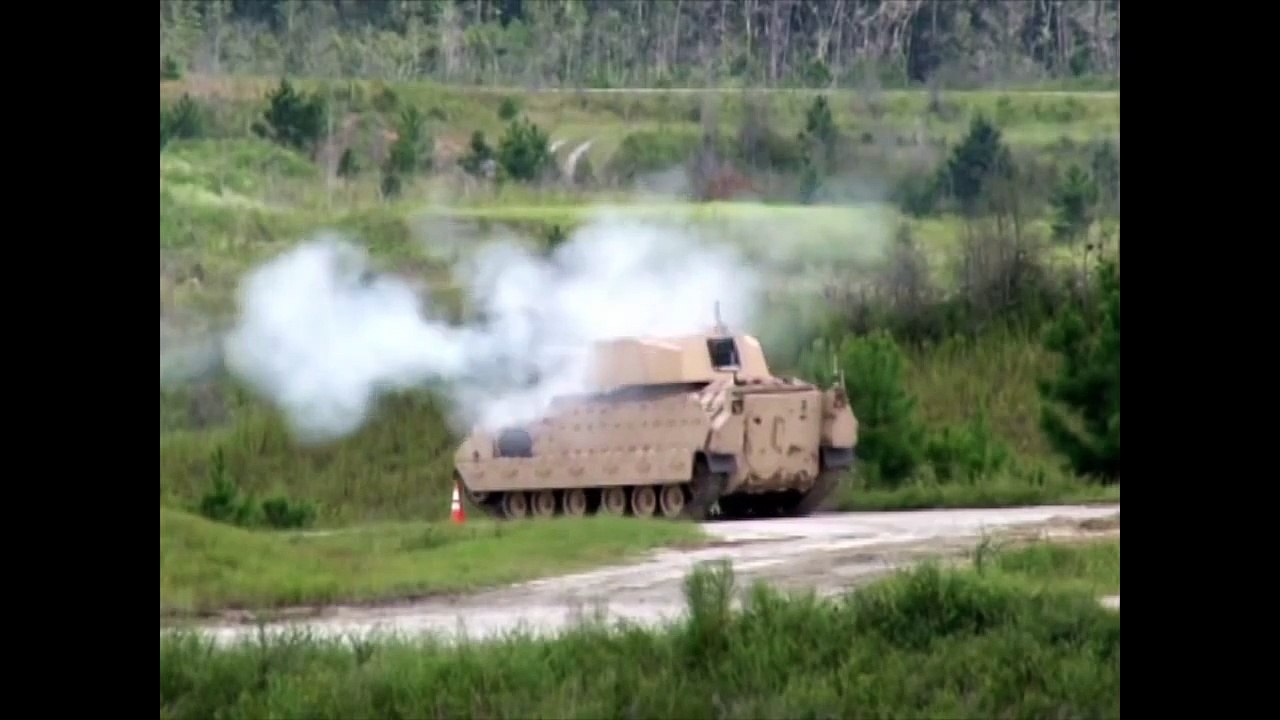 Bradley US Army Armoured fighting vehicle  XM813  30mm cannon Protector weapon station live firing