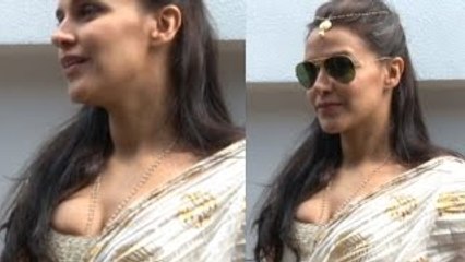 Neha Dhupia Hot Cleavage In Blouseat Nishka Lulla's wedding bash - The Bollywood