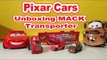 Pixar Cars Mack Transporter Unboxing with Lightning McQueen, Mater, and Flo from the V 8 Cafe