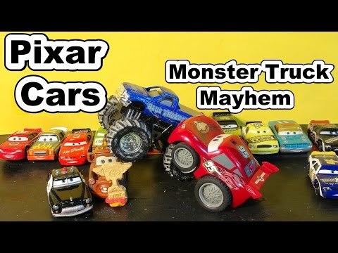 Disney Pixar Cars Funny Car Lightning Mcqueen in Monster Truck Mayhem with Blue Thunder