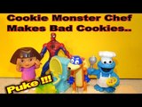 Cookie Monster makes bad Cookies for Spiderman and Dora, and they puke ! Watch Swiper