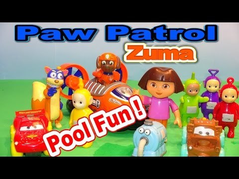 Paw Patrol ZUMA's Hovercraft in the Pool with Mater, Lightning McQueen, Dora, and the Teletubbies L