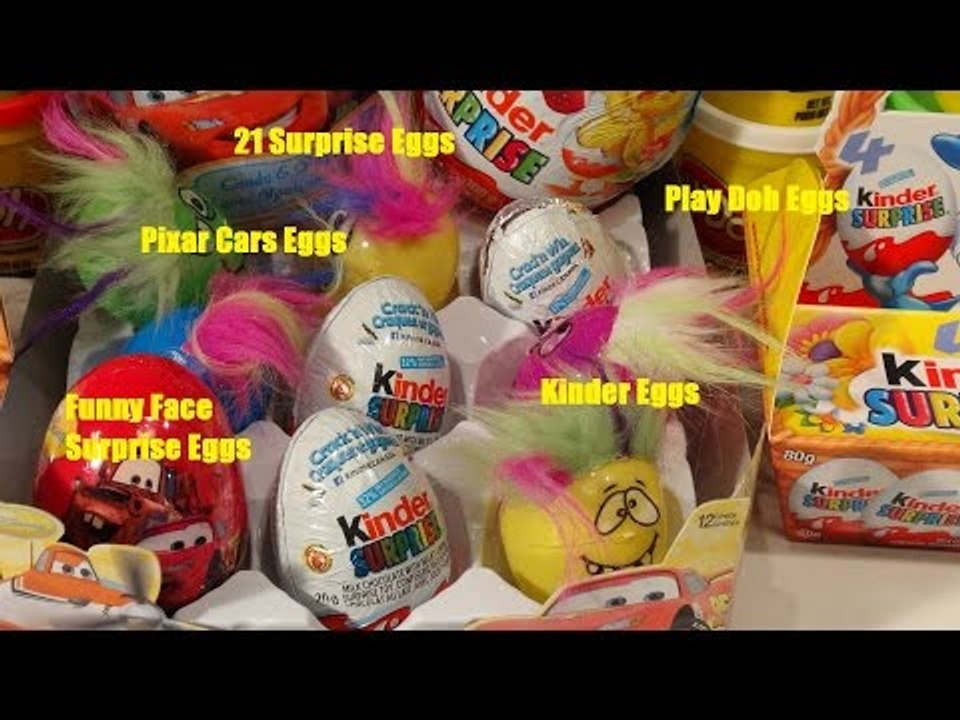 21 Surprise Eggs from Disney Cars, Kinder Surprise Eggs, Funny Face Surprises, and Play Doh Eggs