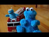 Cookie Monster Count' n Crunch , rides the FireTruck to get Cookies with Mini Cookie Monster
