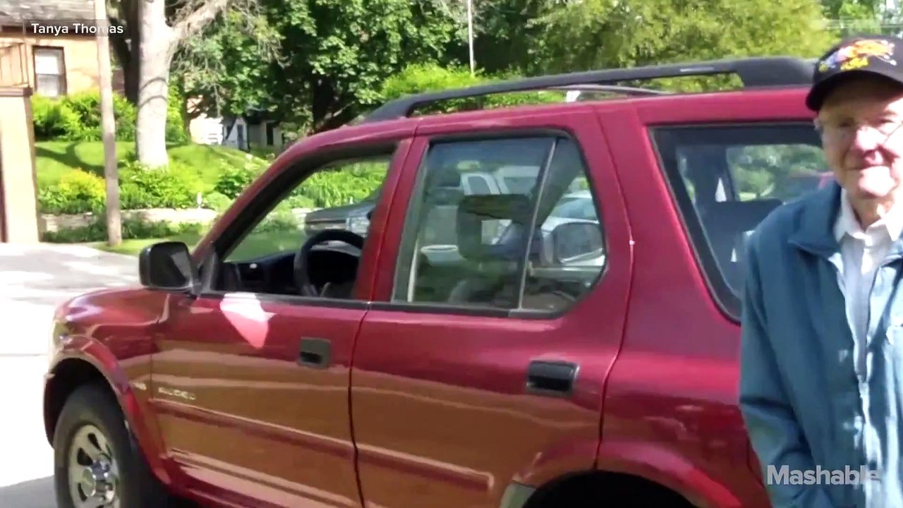 91-year-old man destroying his garage door with car :first and last thing on his bucket list