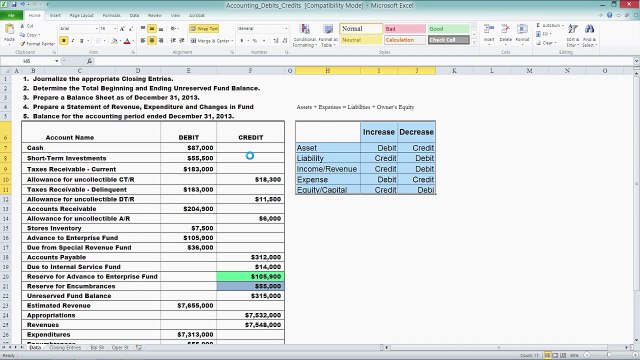 MS Excel: Accounting Basics - Debits/Credits, Equation, Example Files
