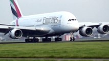 Emirates A380 landing at Schiphol Airport arriving from Dubai.