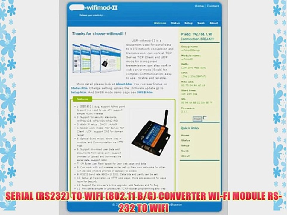 SERIAL (RS232) TO WIFI (802.11 B/G) CONVERTER WI-FI MODULE RS-232 TO WIFI
