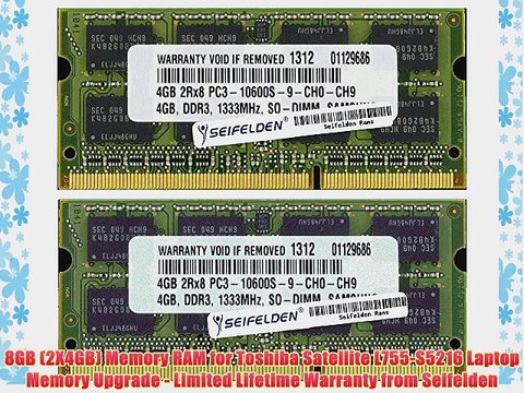 8GB (2X4GB) Memory RAM for Toshiba Satellite L755-S5216 Laptop Memory Upgrade - Limited Lifetime