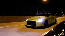 Glowing red brakes on a Nissan GT-R racing a Procharged GS Vette(HD)
