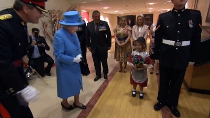 Little girl hit in face by soldier saluting as she meets the Queen