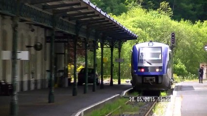 LE TRAIN MAUZIN - voiture 211 -  retrouve le TER AUVERGNE, X 73 694, en gare du MONT-DORE, le  20 MAI 2015.