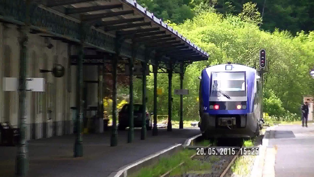 LE TRAIN MAUZIN - voiture 211 -  retrouve le TER AUVERGNE, X 73 694, en gare du MONT-DORE, le  20 MAI 2015.