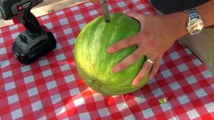 Watermelon Smoothie Trick No Mess Blending BBQ Drill Water Melon in seconds Powertools coat hanger