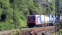 Züge und Schiffe bei Kestert am Rhein, Re482, LTE 185, 145, DB 185, 111, 101, 2x 428, 427
