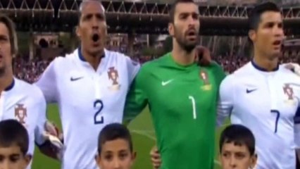 Cristiano Ronaldo telling his fellow countrymen to slow down their singing of the anthem