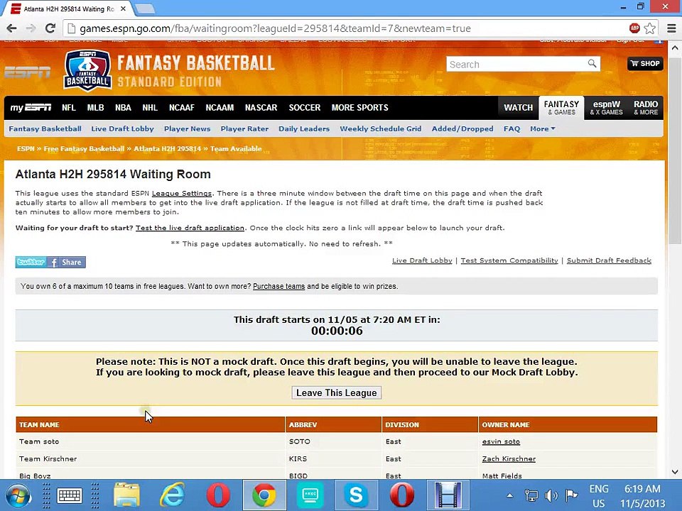espn fantasy basketball draft 2013