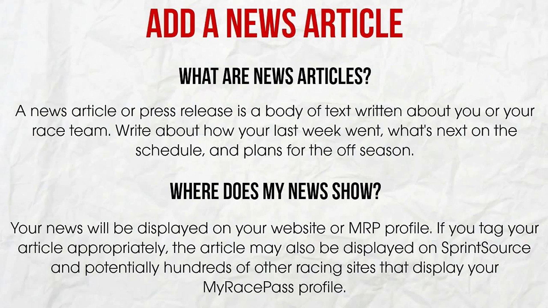 MyRacePass - What are News Articles