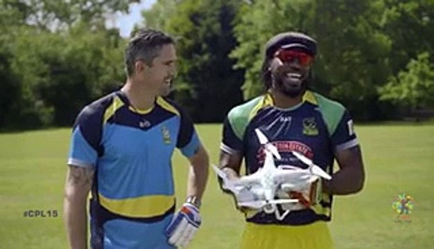 Kevin Pietersen and Chris Gayle trying to smash a drone out of the sky. Boy did they try...