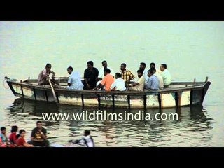 Preparations ahead of Ganga arti on Varanasi ghats - India