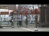 Indian and Pakistani guards march as they take part in the flag off ceremony - Wagah