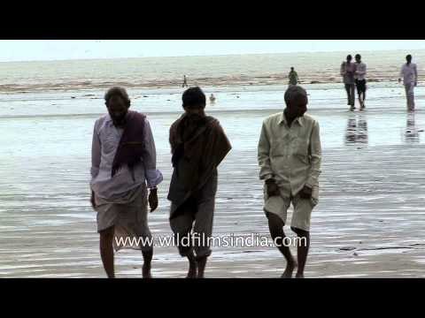 Devotees walk along the beach in Gujarat