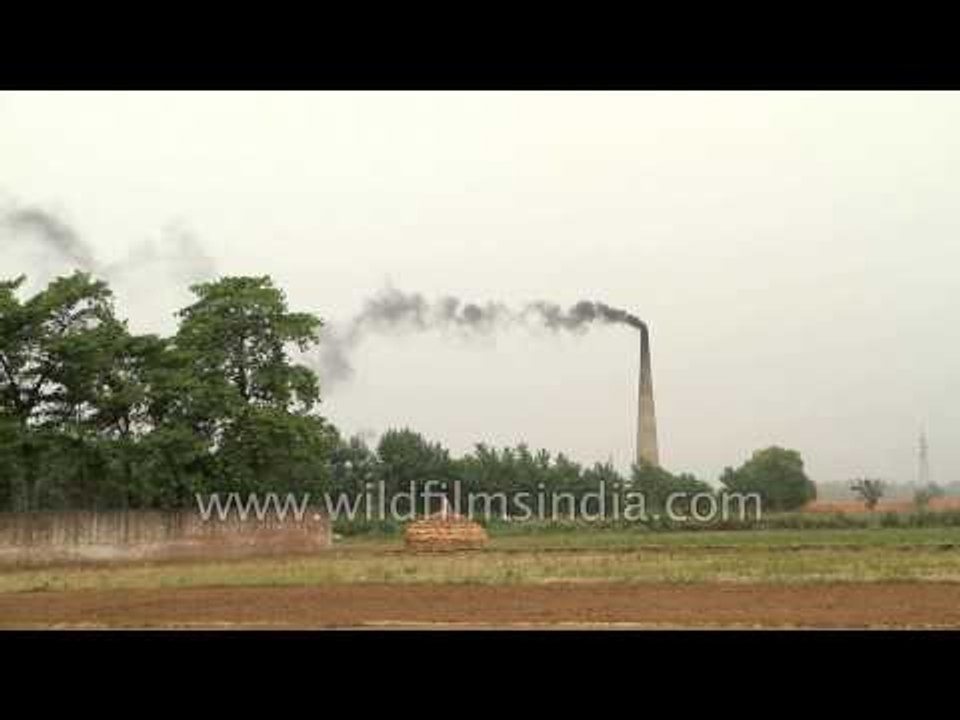 Smoke billows from the chimney of a brick factory